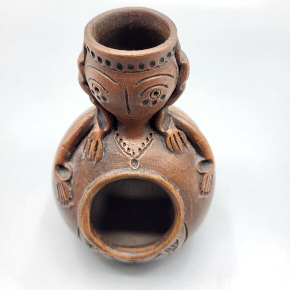Vintage Signed Terracotta Folk Art Handcrafted Clay Incense Burner Female Figure - Picture 2 of 15